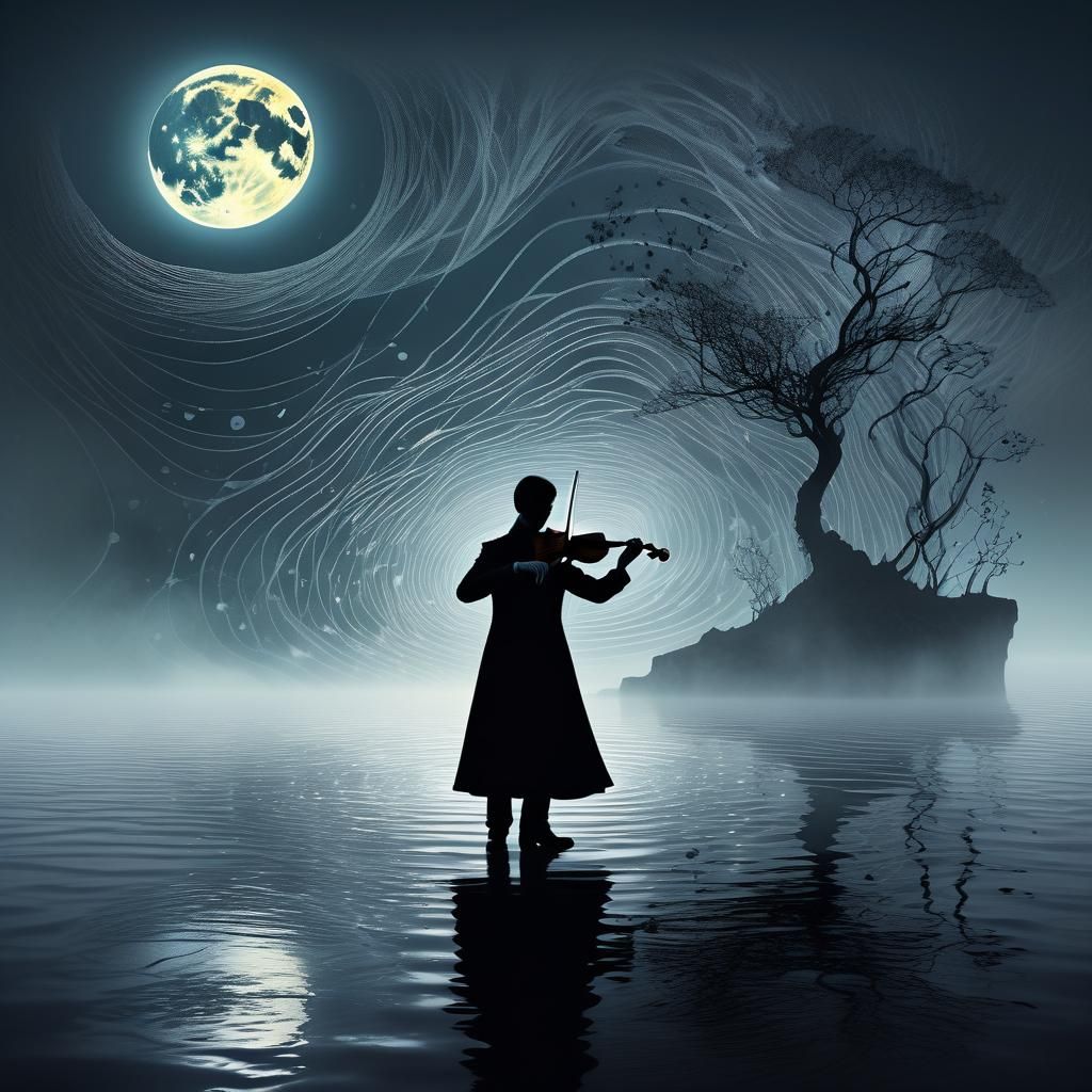 Surreal Violinist Manipulates Fog on Moonlit Ocean