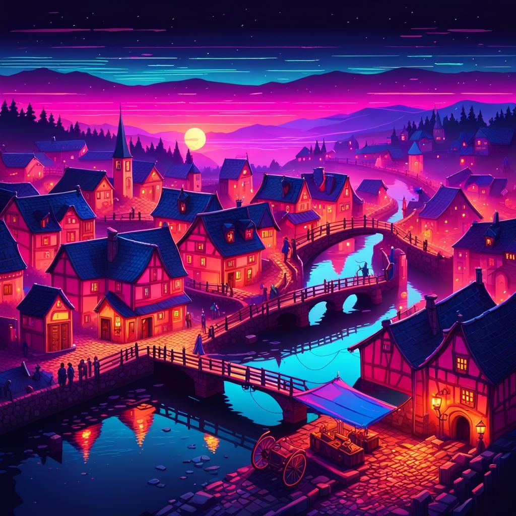 Synthwave Village: Neon Retro Aerial View