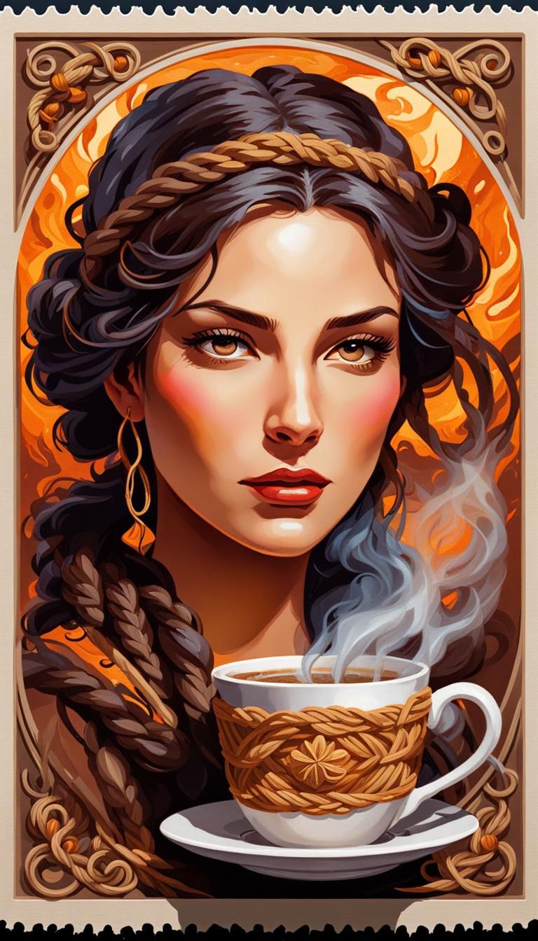 Brown framed postage stamp made of  wool ropes,  coffee hot ...