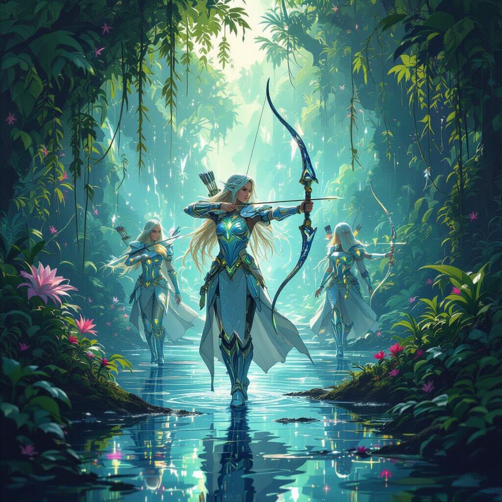 Elven Rangers in Bioluminescent Jungle, Art Nouveau Style