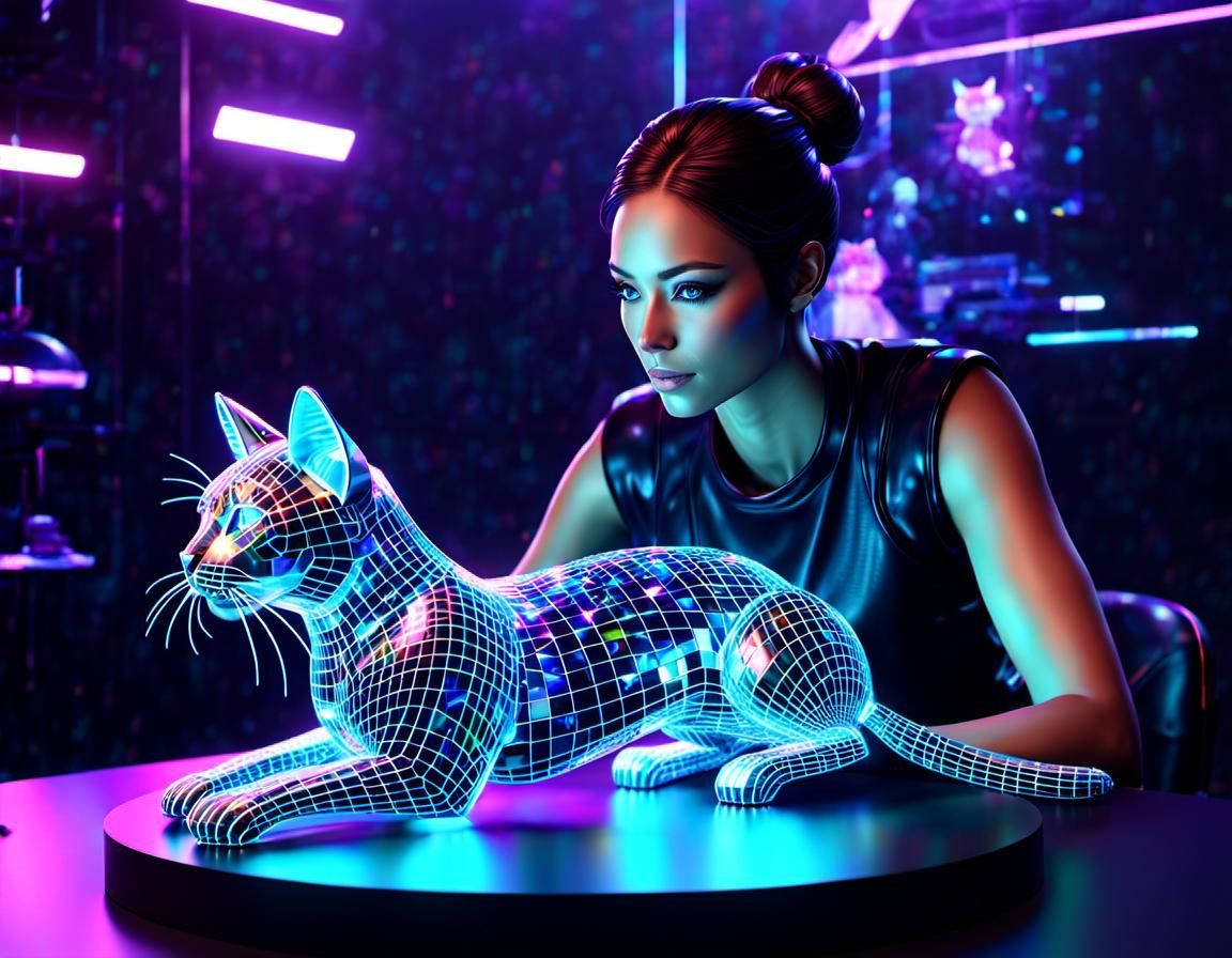 Holographic Cat Toy: Futuristic Sci-Fi Art