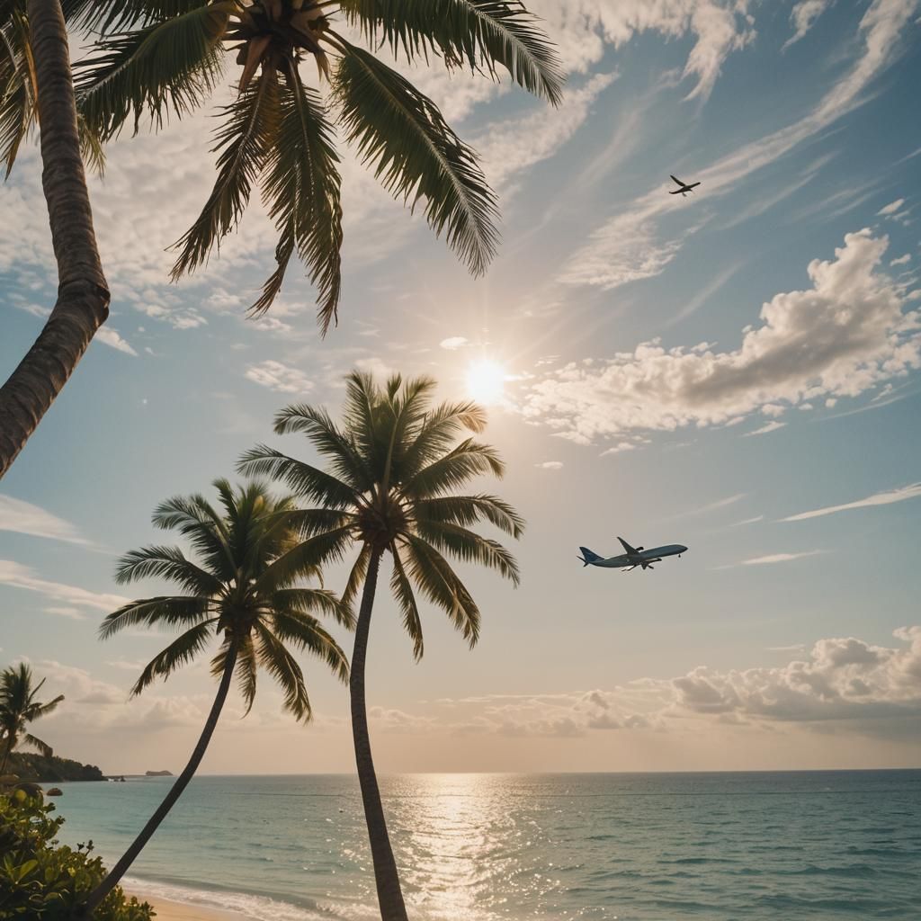 Tropical Paradise Scene with Palm, Plane, and Dolphin