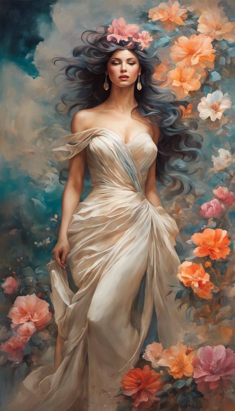 Fashion shoot, beige chiffon gown, French couture design