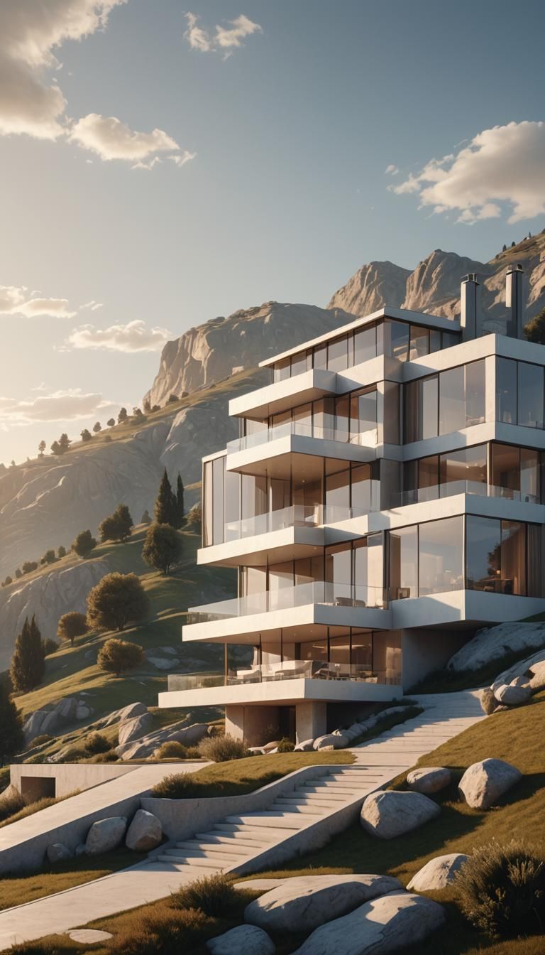 Luxury Minimalist House on Hill in Photorealistic Style