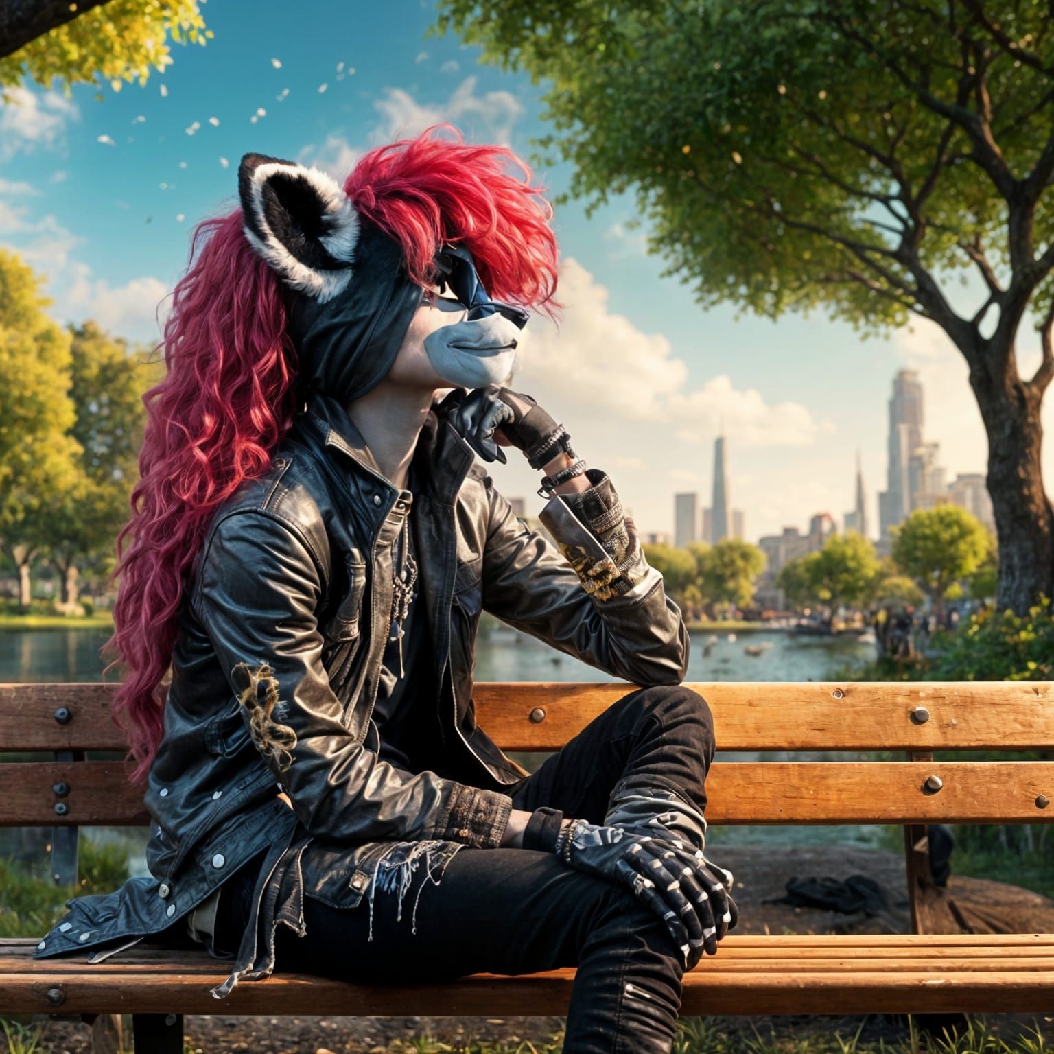 Anthropomorphic Cat Person on Park Bench