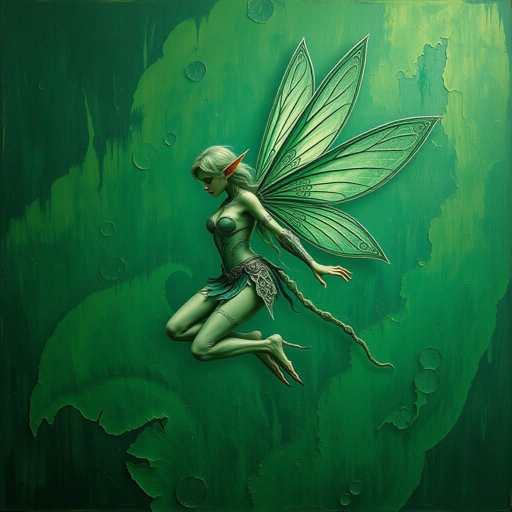 Ethereal Green Fairy Elf in Impasto Sylvan Scene