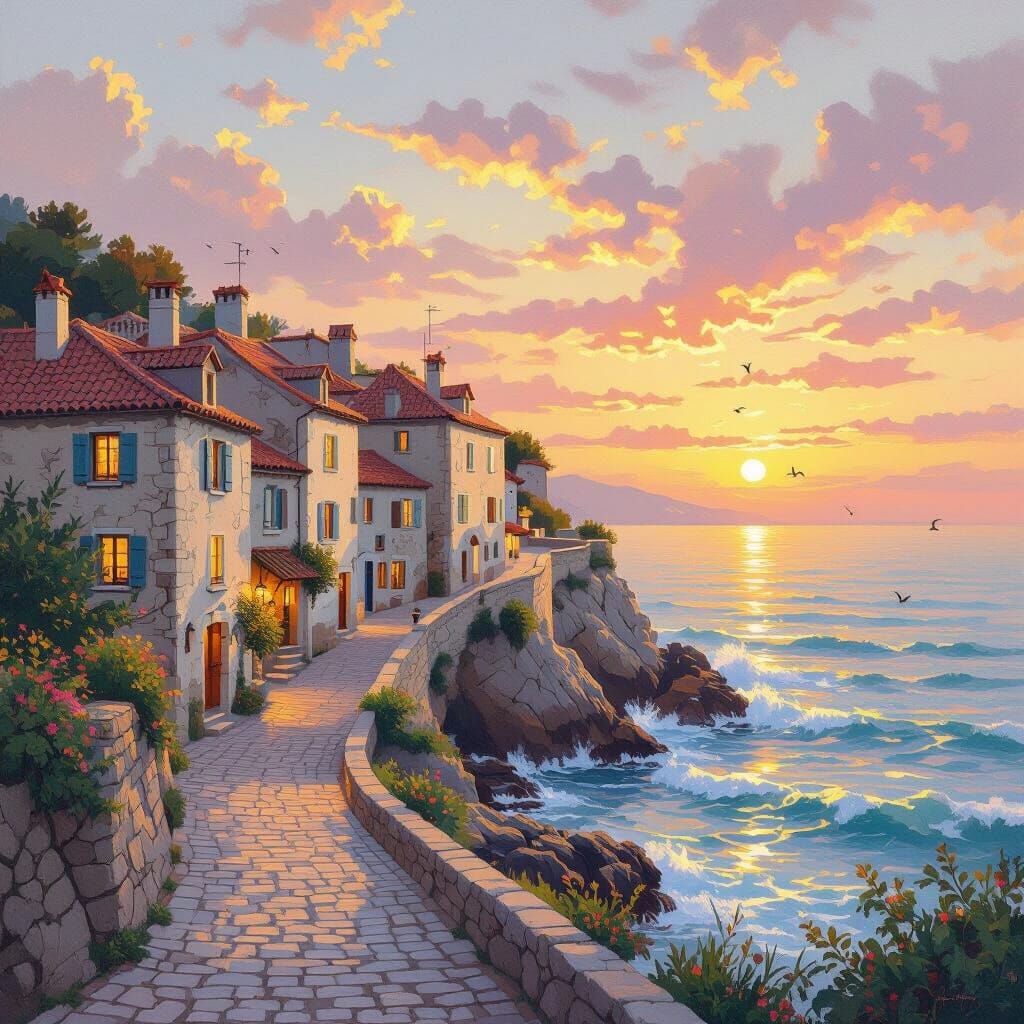 Charming Coastal Village at Sunset in Impressionistic Style