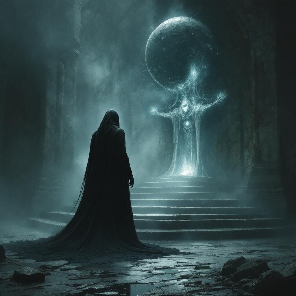 Ominous Figure at Ancient Altar in Surreal Style