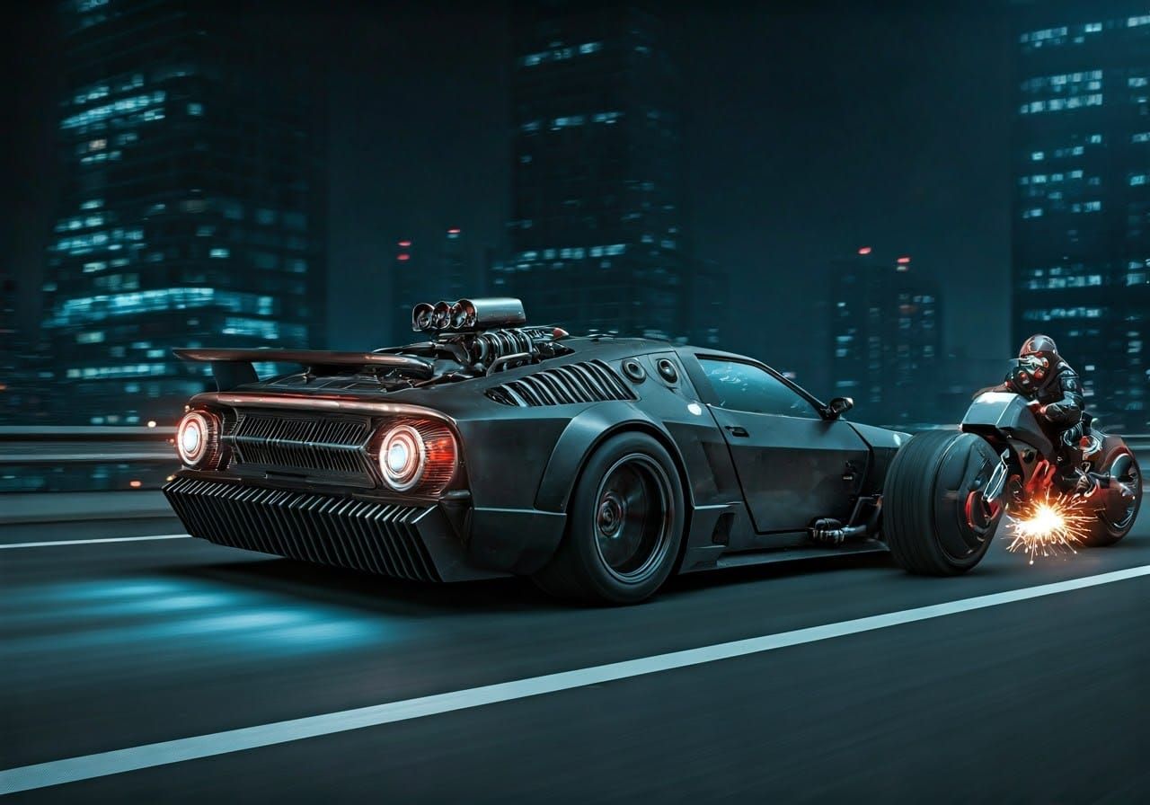 Cyberpunk Coupe Engages in Daring Chase with Bikers