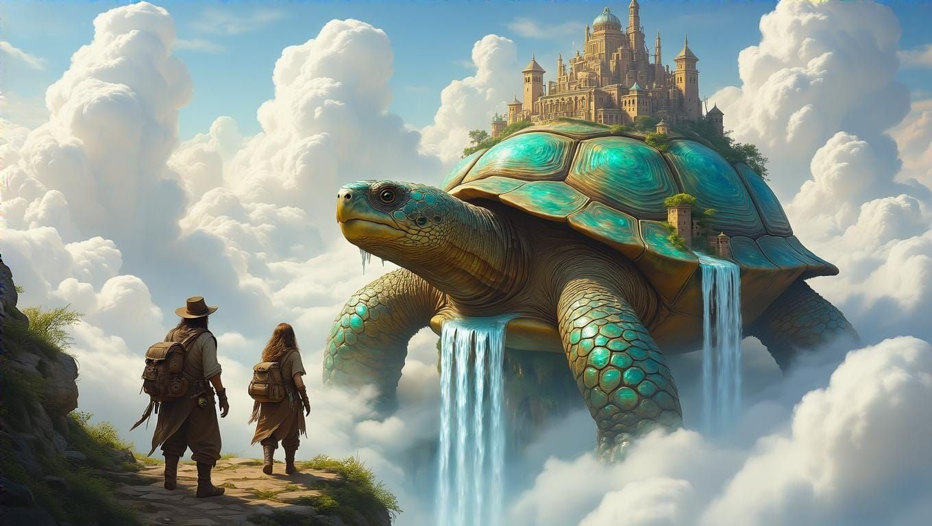 Floating City on Giant Turtle in the Sky