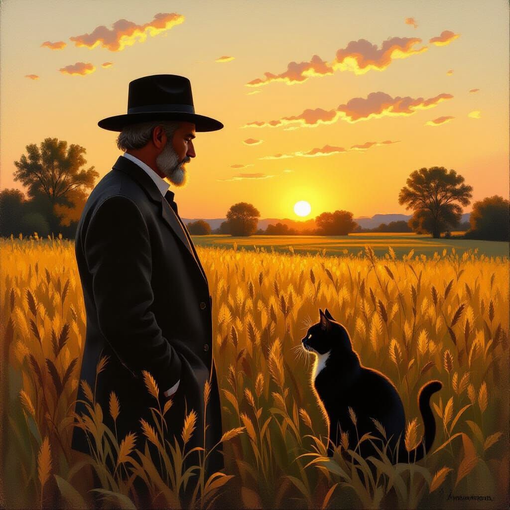 Man and Black Cat in Garden at Sunset Oil Painting