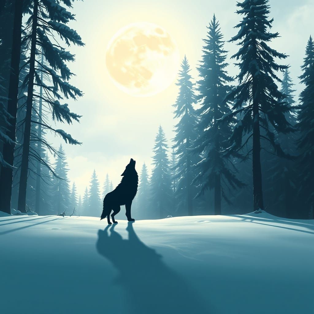Lone Wolf Howling at Moon in Digital Art Style