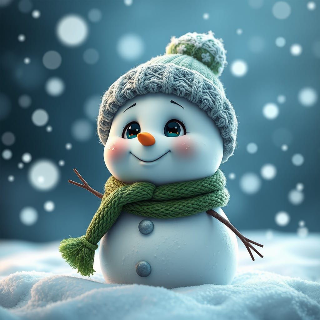 Chibi Snowman Watches Snowflakes Fall in a Fantastical Winte...