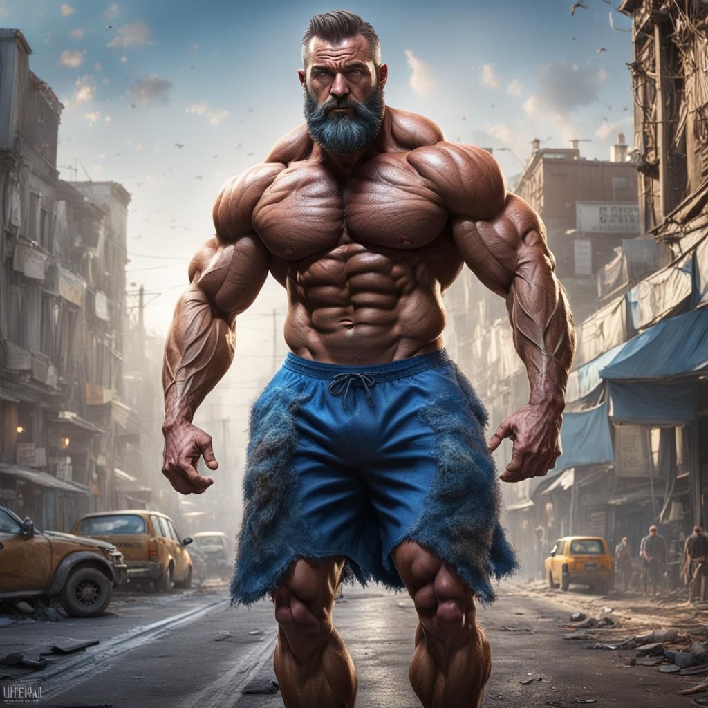 Hairy Muscle Bodybuilder with Blue Eyes in Detailed Digital ...