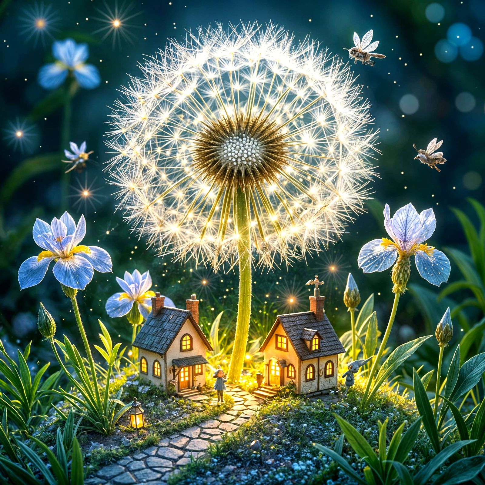 Miniature Elf Village in a Luminous Dandelion