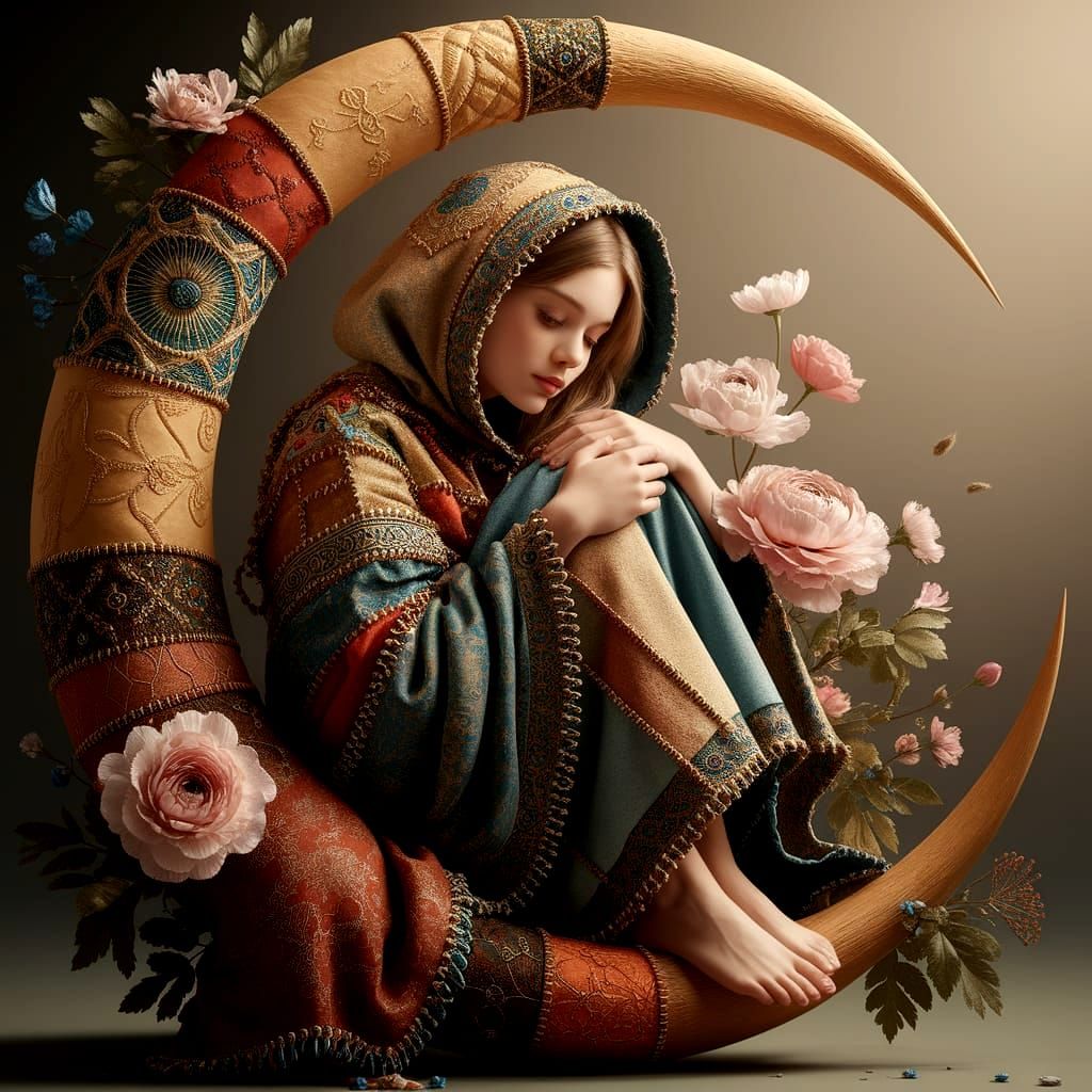 Young Woman in Patchwork Cloak Inside Crescent Moon