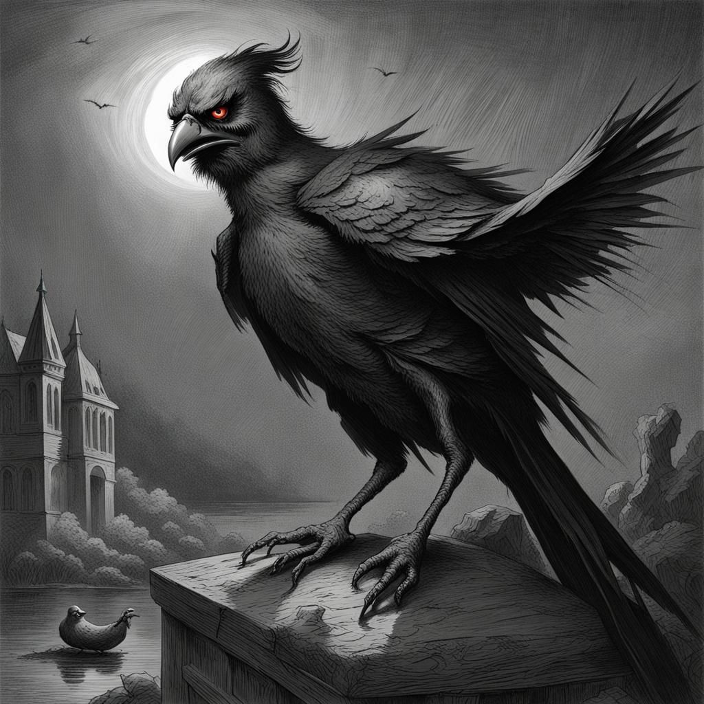 Angry Demon Bird in Horror Engraving Style