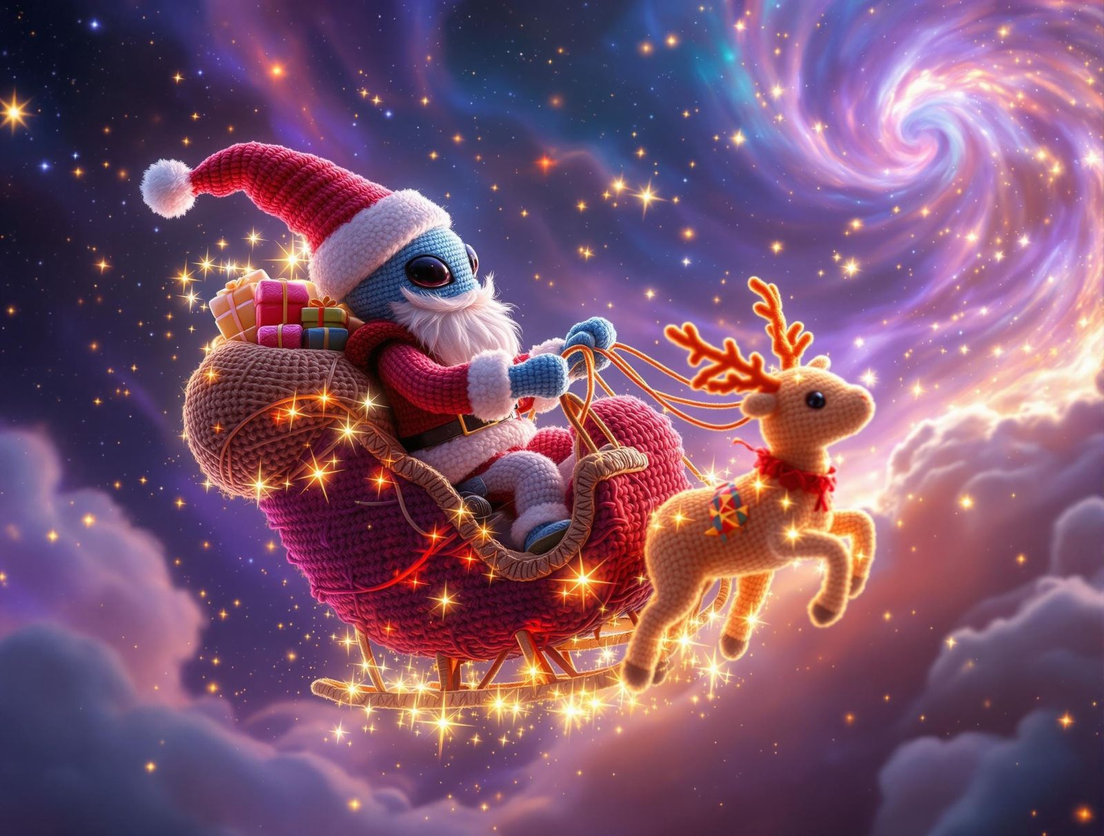 Crochet Alien Santa Soars Through Celestial Yarnscape