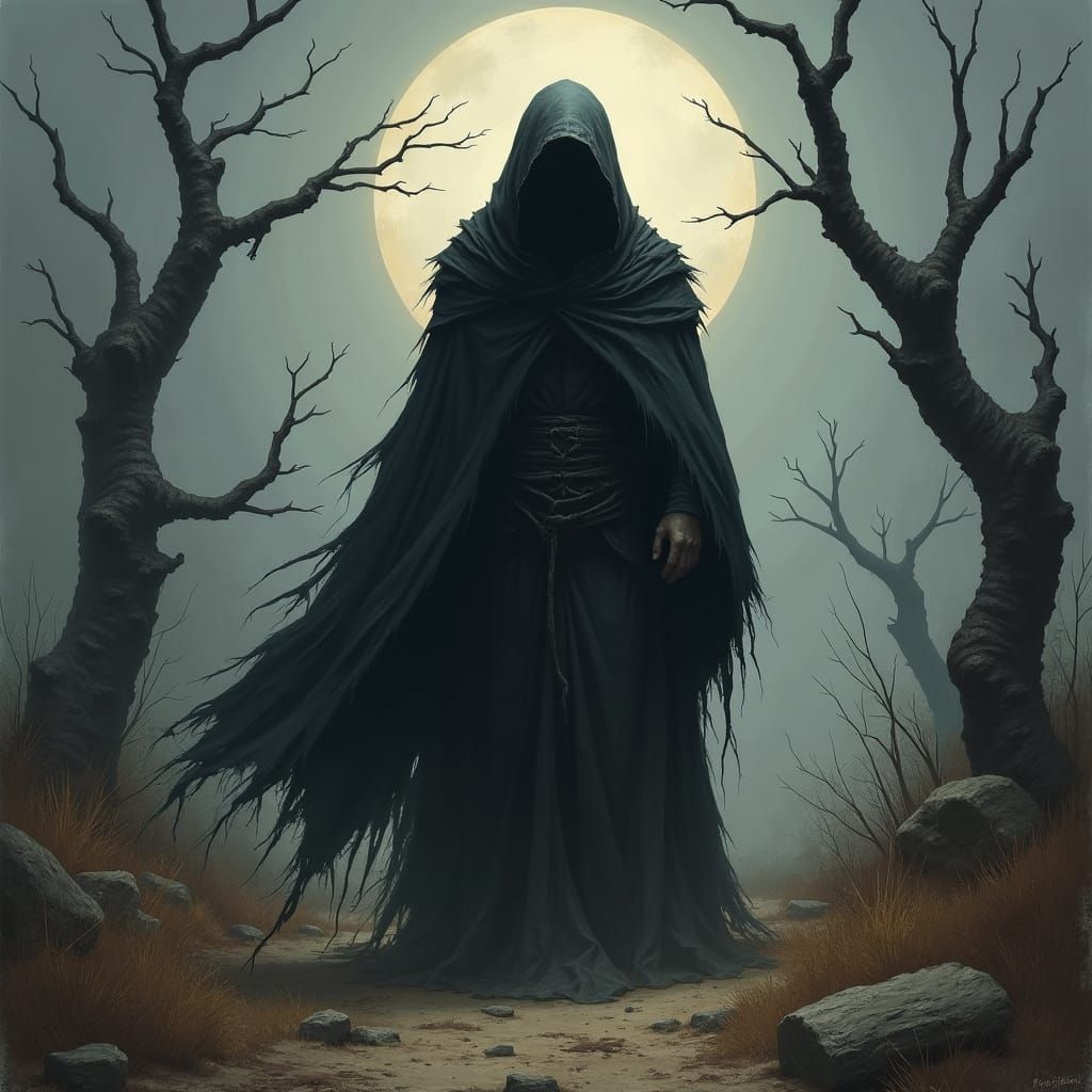 Eerie Grim Reaper in Moonlit Landscape
