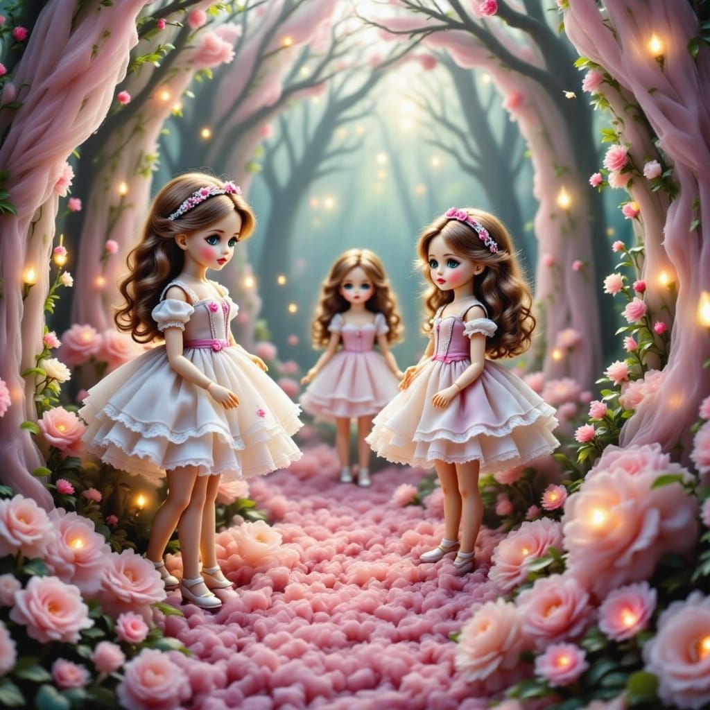 Antique Dolls Ballet on Rose Petal Stage in Surreal Dreamsca...
