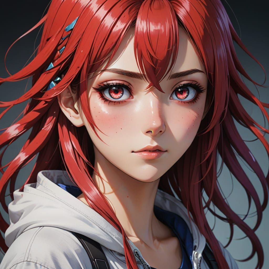Anime Girl with Red Eyes and Colorful Hair