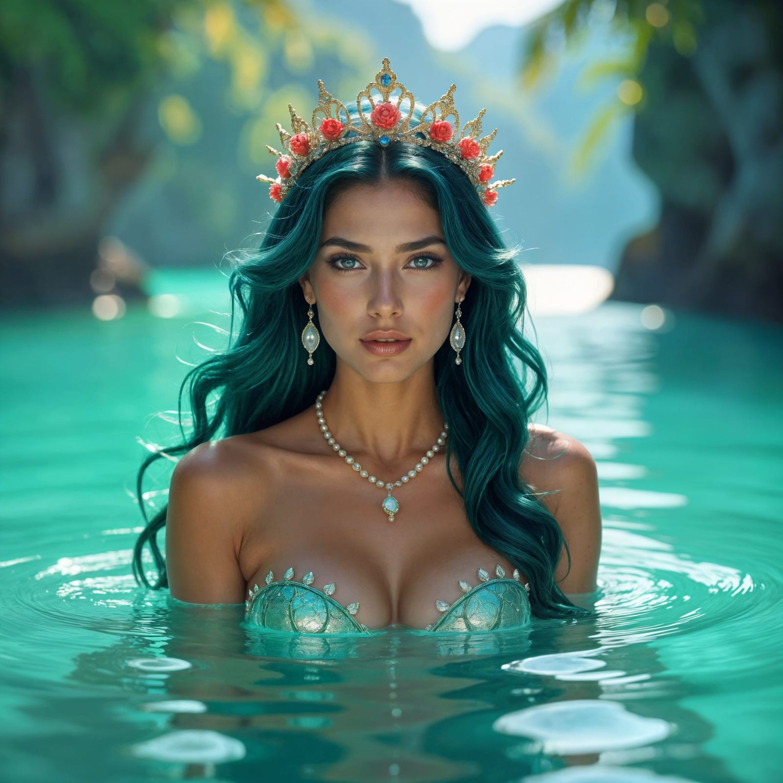 Emerald Mermaid Emerges from Crystal Lagoon