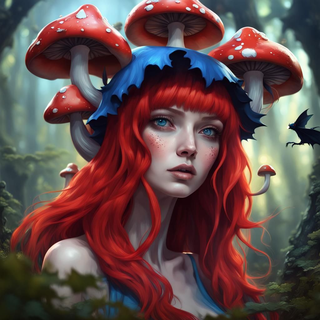 Anime Mushroom Woman with Cat Ears and Bat Wings