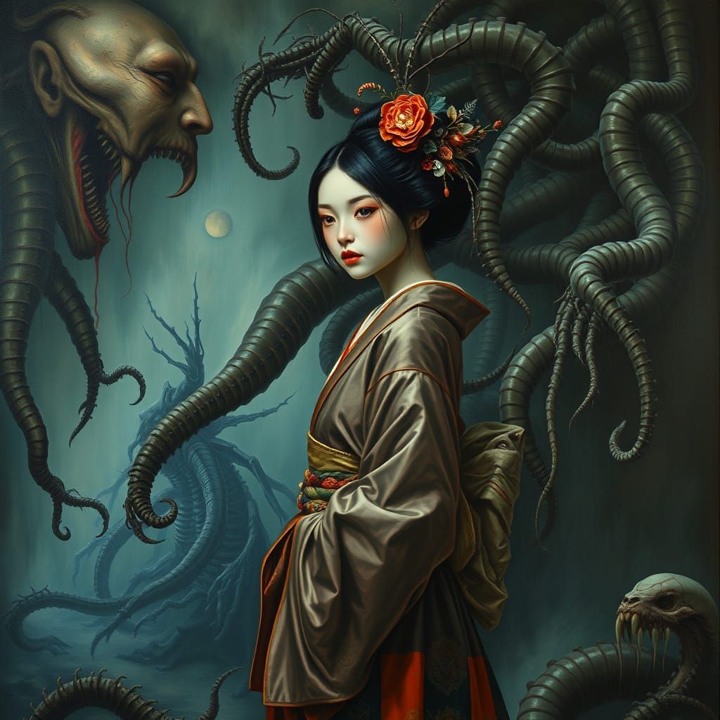 Japanese Woman in Dark Biomechanical Dreamscape