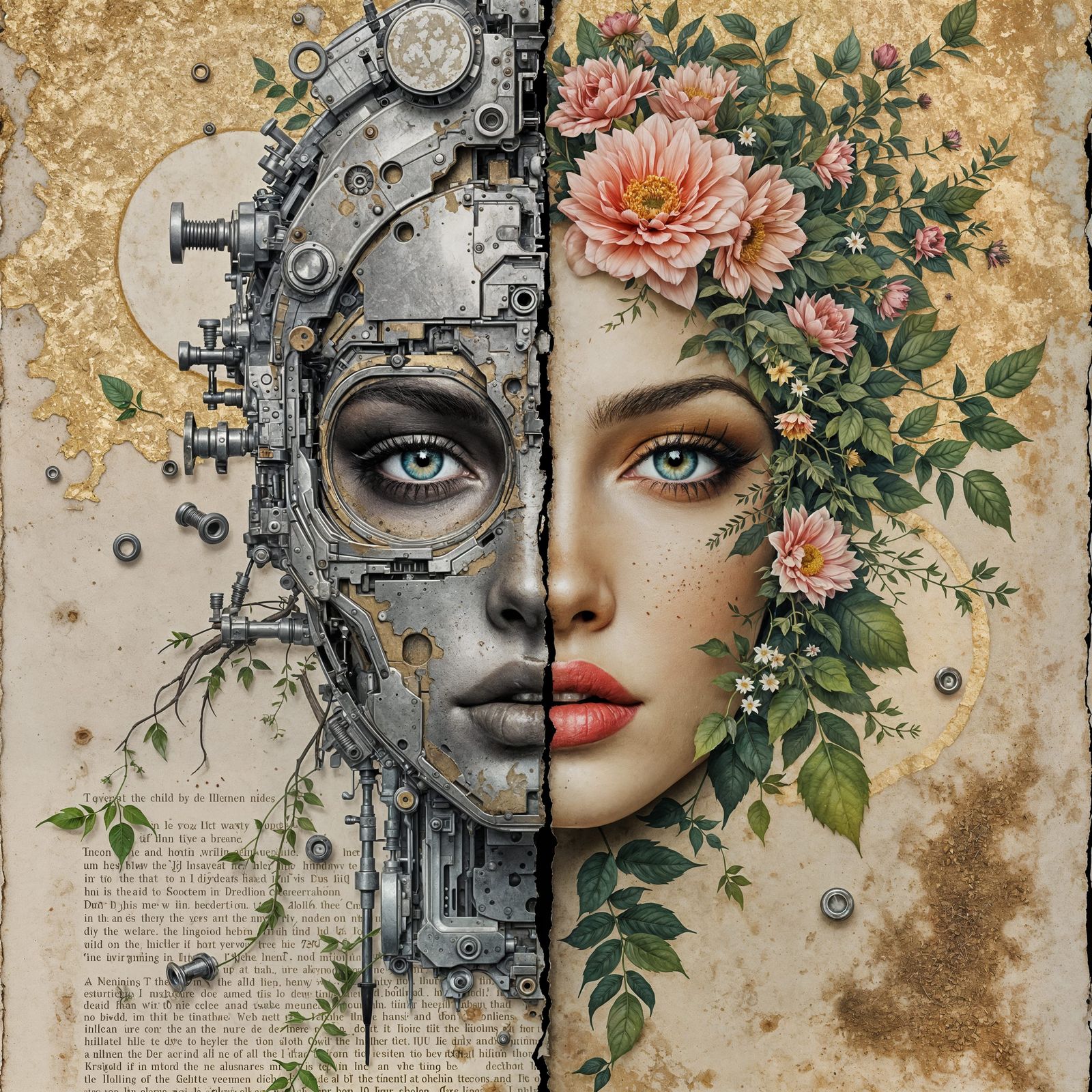 Surreal Nature vs Mechanized Decay in Gold Leaf and Watercol...