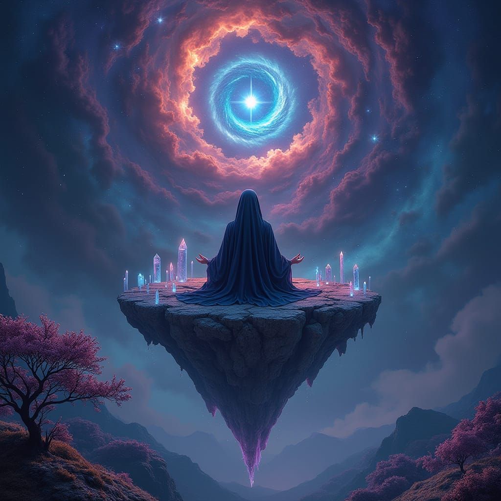 Cosmic Sage Meditates on Floating Island Amidst Swirling Neb...
