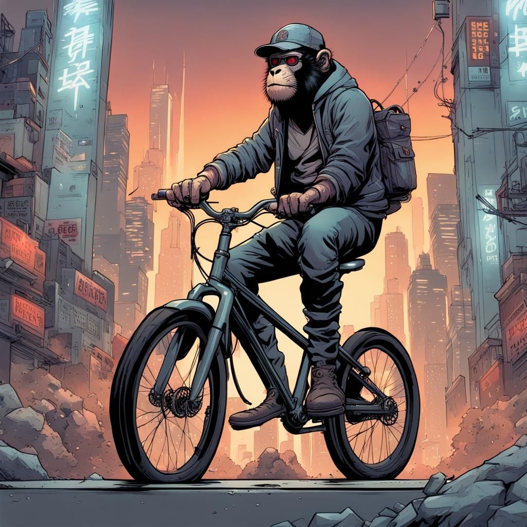 Monkey Rides Bike in Cyberpunk Cityscape
