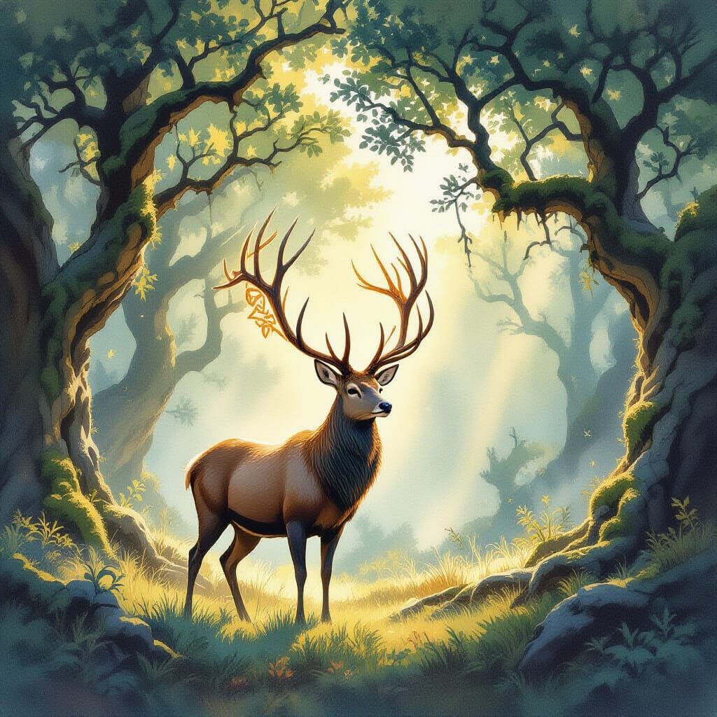 Runic Deer in Sun-Dappled Forest: Fantasy Art