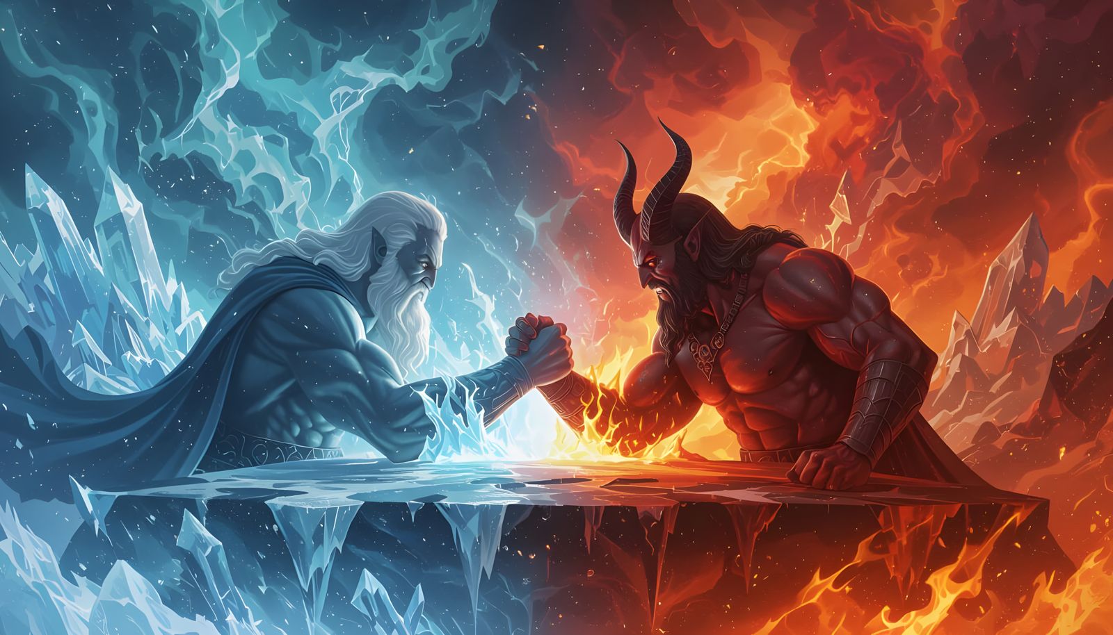 God and Satan Arm Wrestle in Fiery Icy Universe