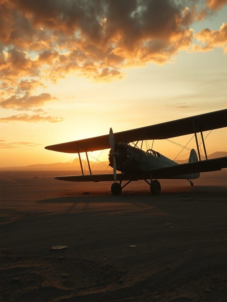 Abandoned Biplane in Desolate Desert at Twilight