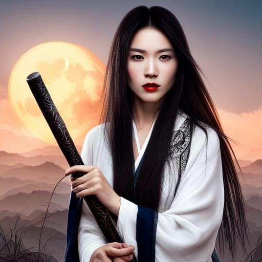 Woman with Katana and Lunar Dress