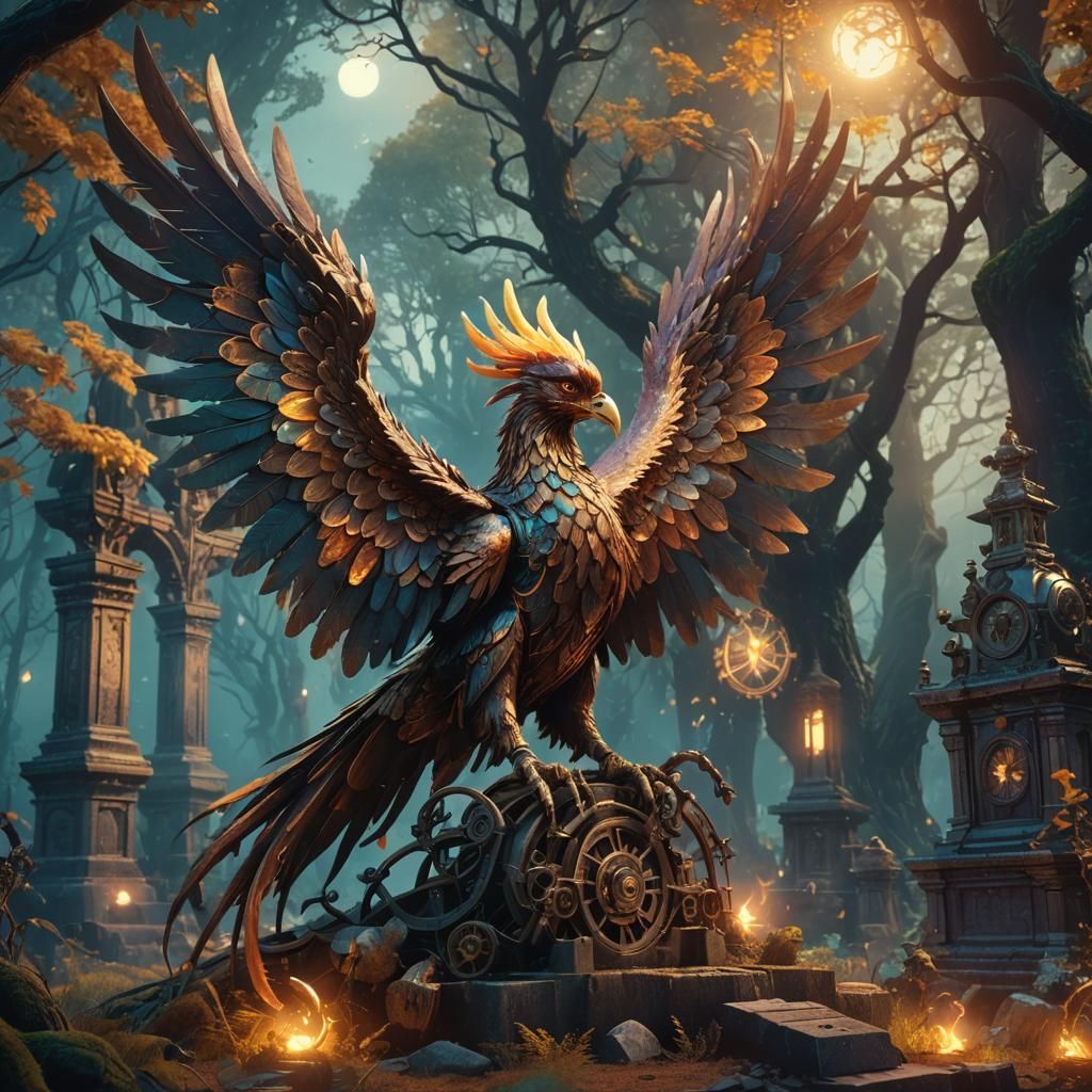 Phoenix Rising from Clockwork Graveyard in Mystic Forest