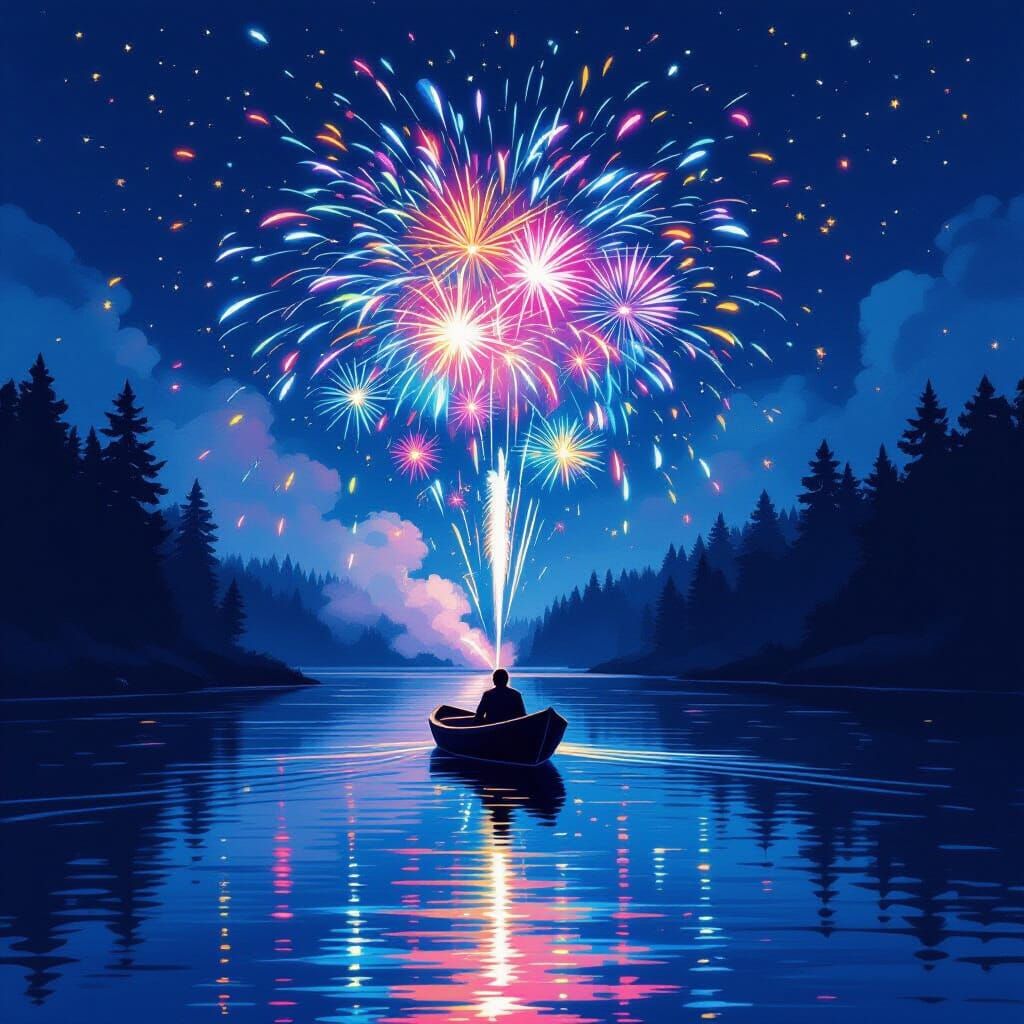 Fireworks Display Over River in Digital Impressionism Style