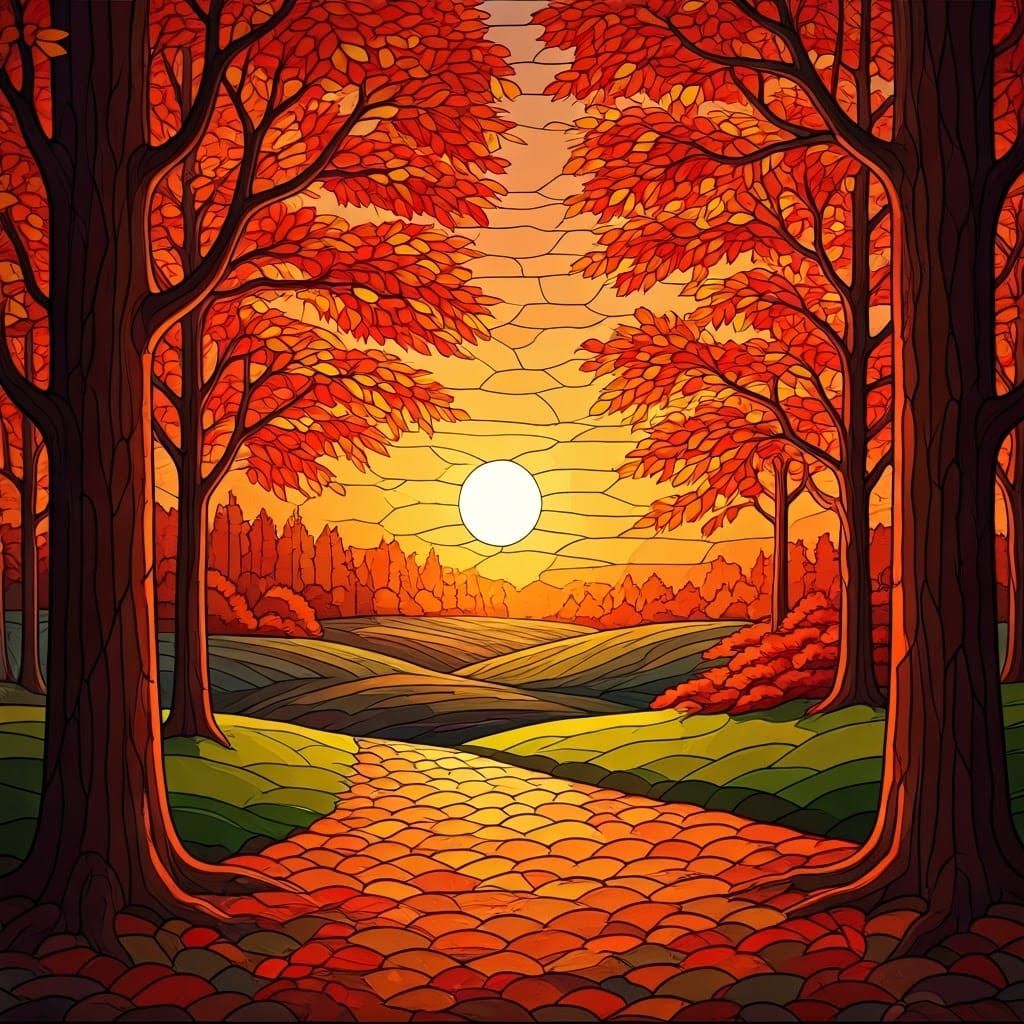 Stained Glass Autumn Landscape at Sunset