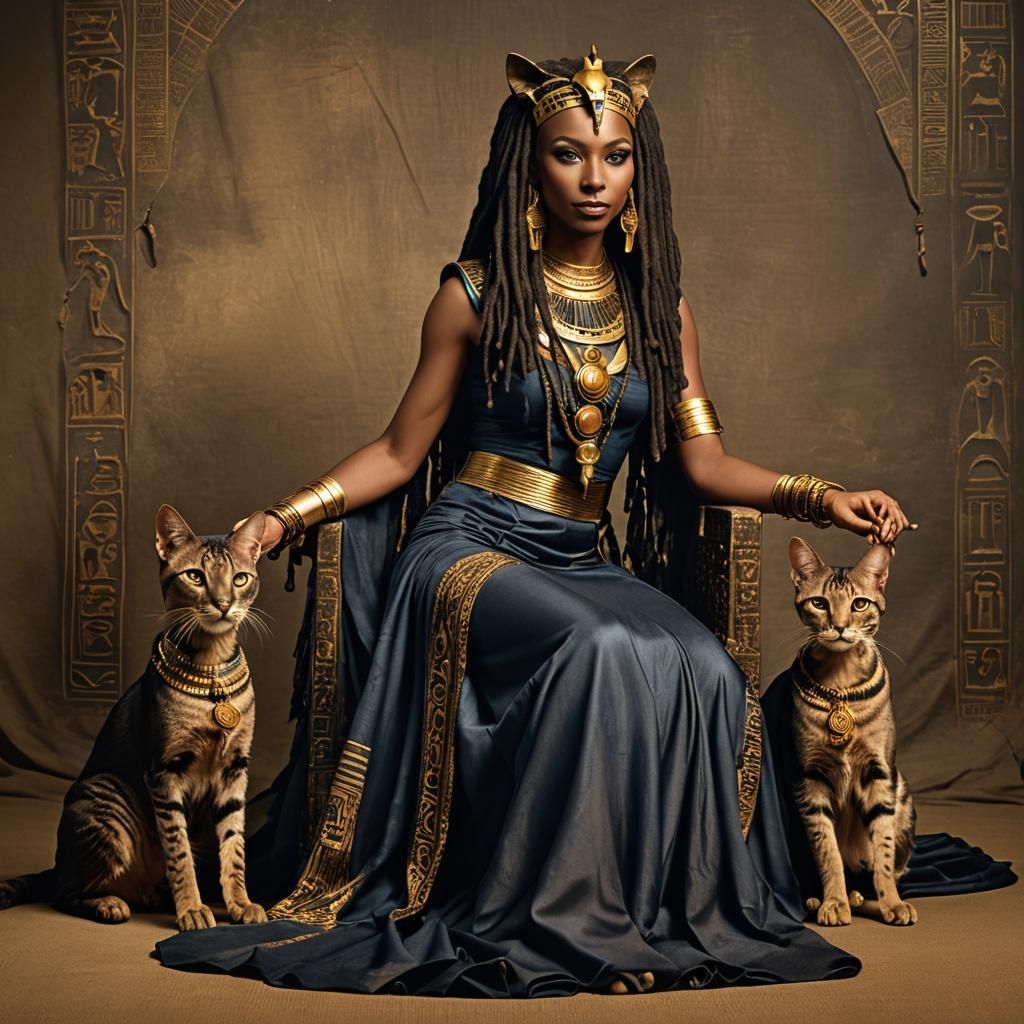 Goddess Bastet as Dark Egyptian Woman with Cat