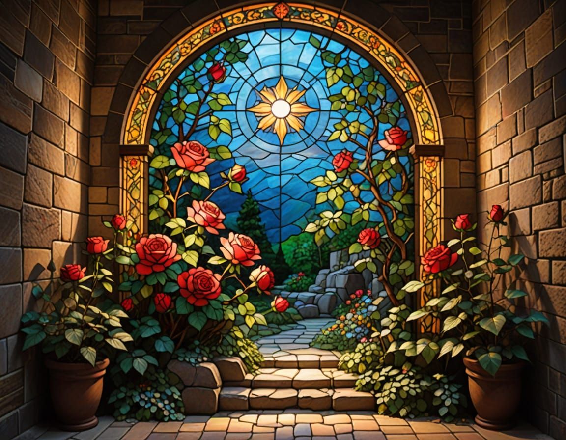 Stained-Glass Masterpiece of Rosebush with Sunbeams