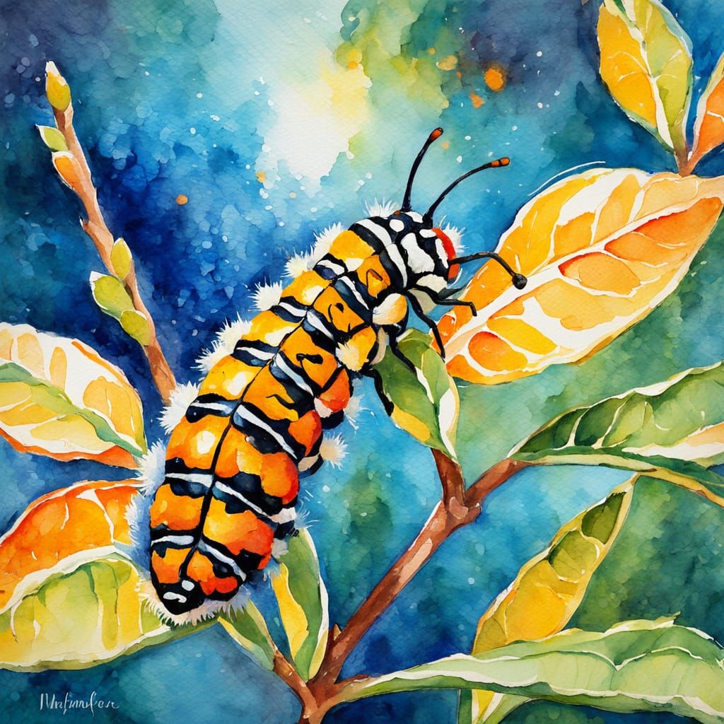 Monarch Caterpillar Chomping Milkweed in Expressionist Style