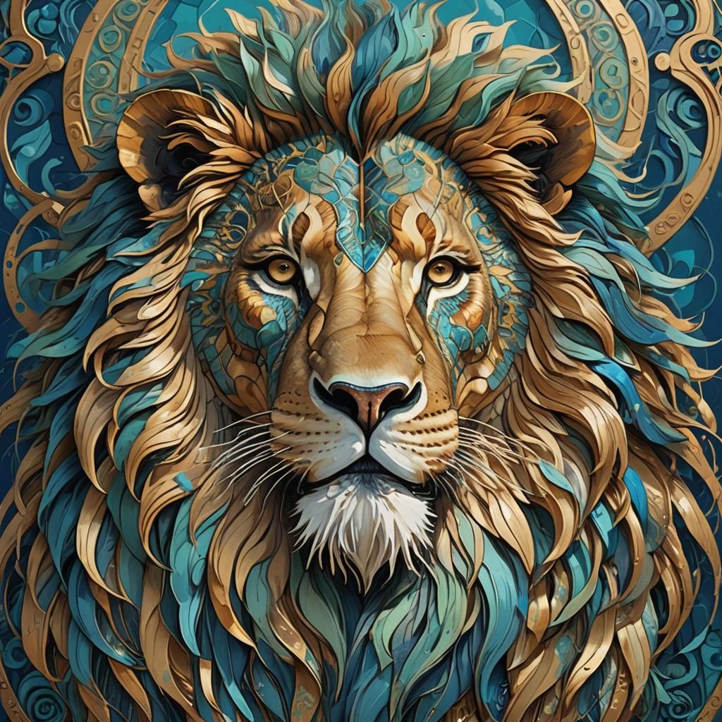 Majestic Lion Head Portrait in Art Nouveau Style