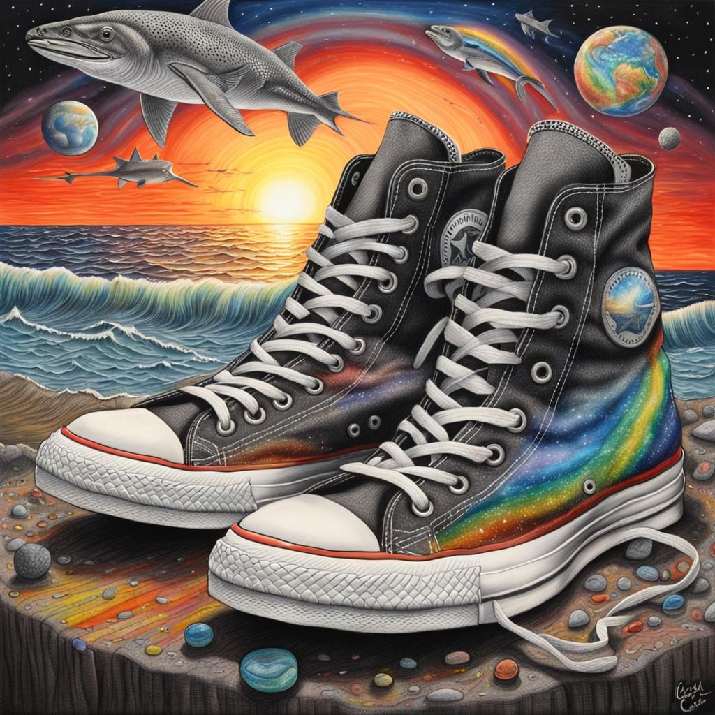 Cosmic Shoes Converse at Sunset: Charcoal Drawing