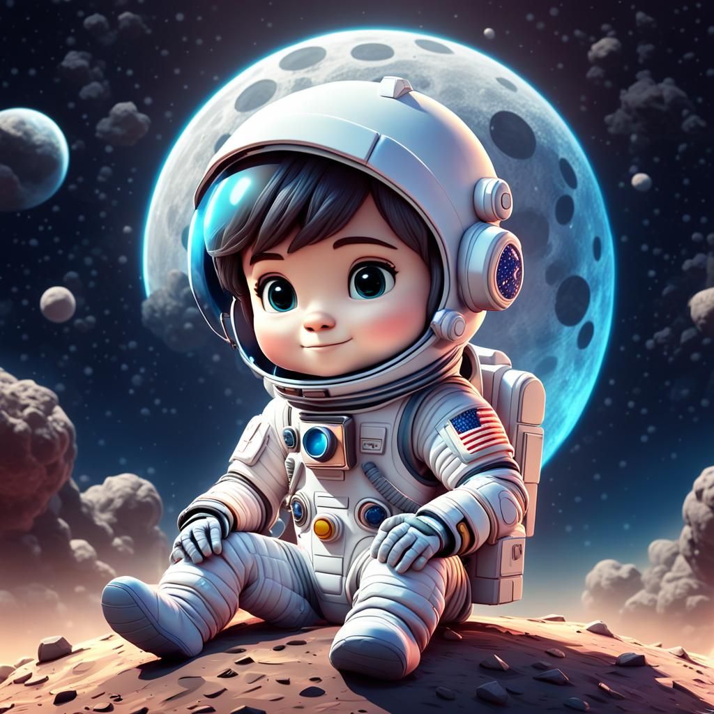 Chibi Astronaut on the Moon in 3D Style