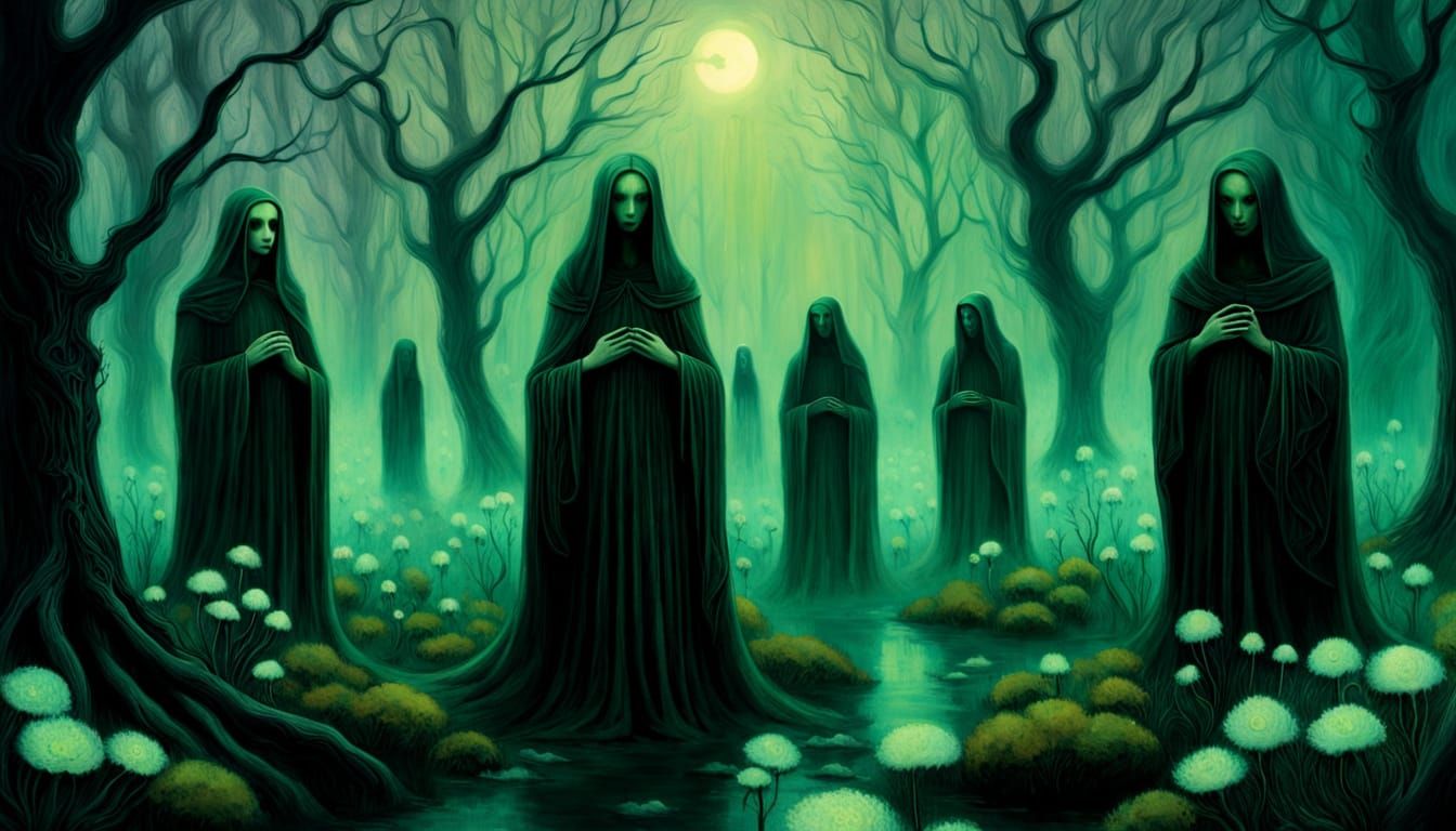 Ethereal Gothic Figures Amidst a Ghastly Green Landscape