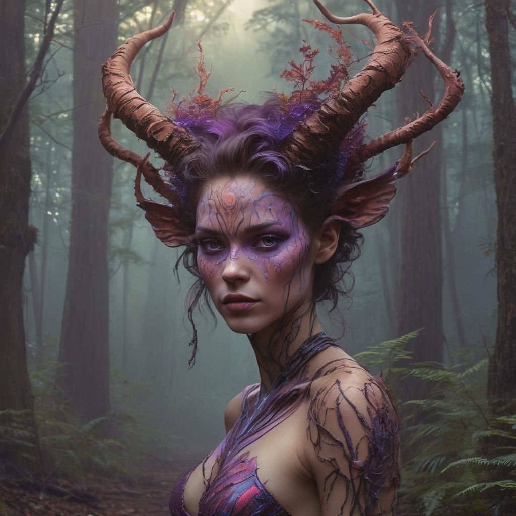 Eldritch Forest Faun Woman in Synthwave Airbrush Art