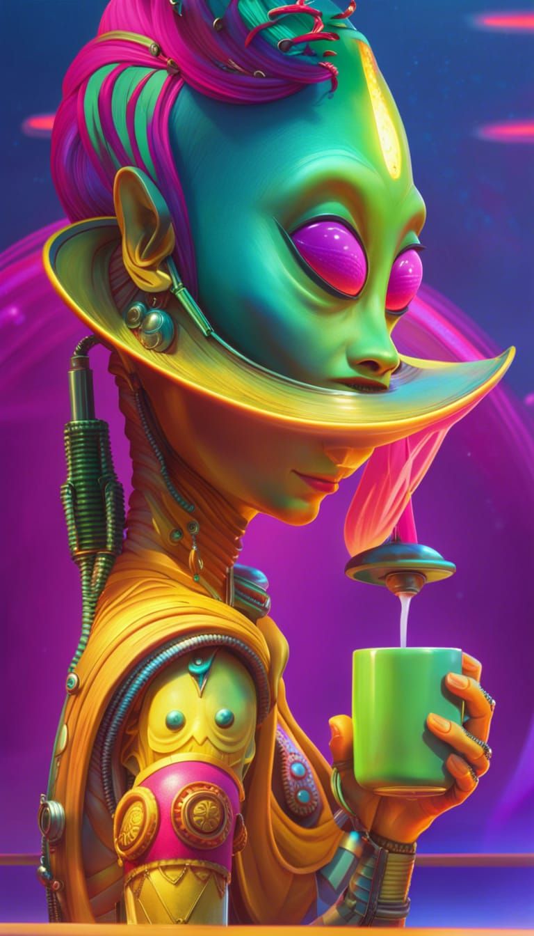 Bright Alien Barista Makes Coffee in Utopian City