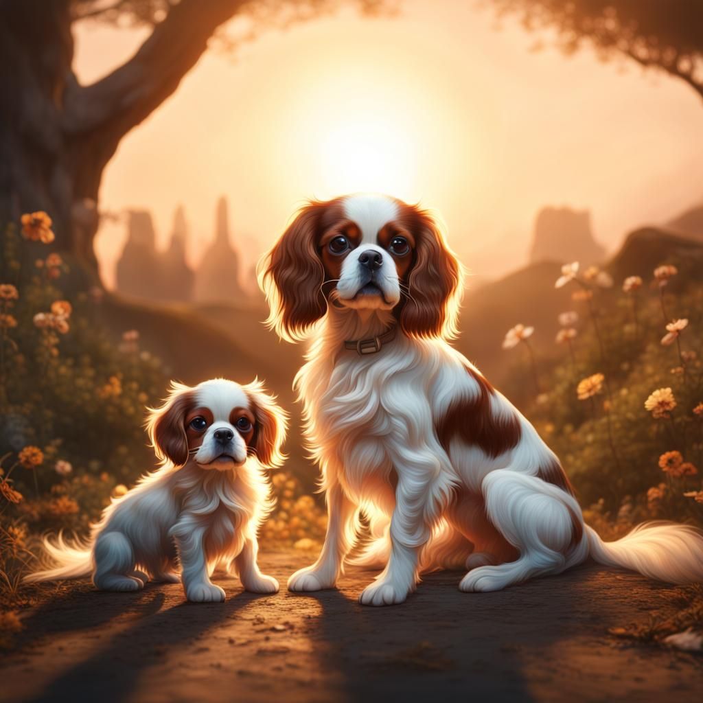 Cavalier Spaniel Family at Sunset: Fantasy Art