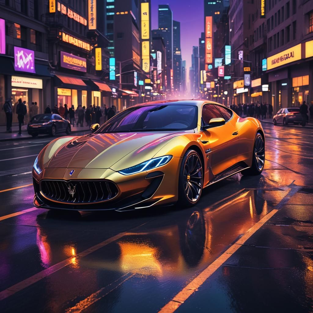 Futuristic Maserati Concept Art in Neon Cityscape
