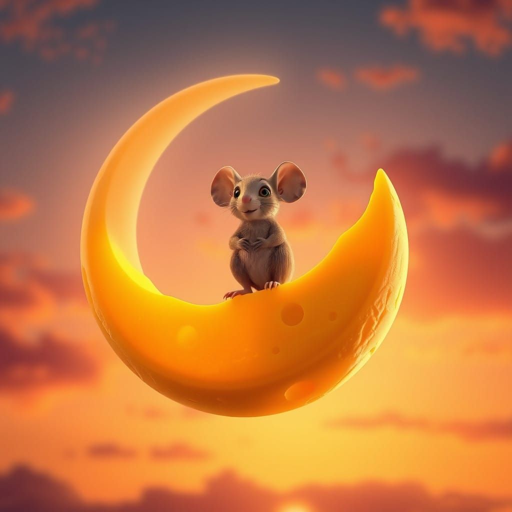 Pixar Style Mouse on Cheese Moon in Warm Evening Sky